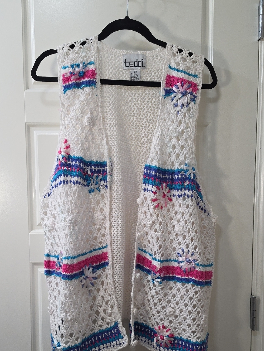 Teddi White Crochet Vest Pink Blue Stripes Satin Ribbon Rosettes 2XL